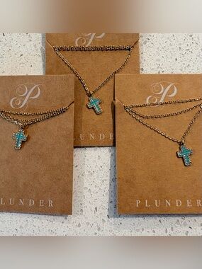 Plunder Gold-Tone Cross Necklace with Turquoise Resin Inlay ✝️ 3 Necklaces